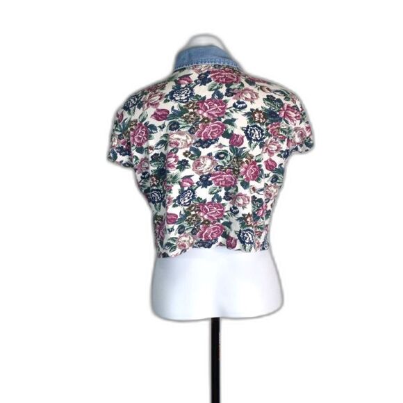 Vintage Lajate Button Up Collared Crop Tee Shirt Floral Flowers Womens Large - Picture 4 of 8